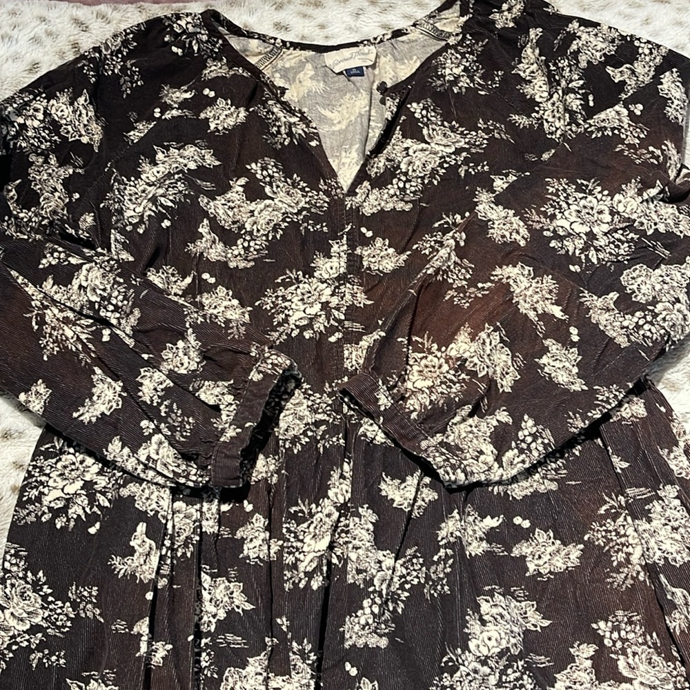 Womens XL Universal Thread Brown, loose 3/4 sleeve corduroy dress w/ flowers